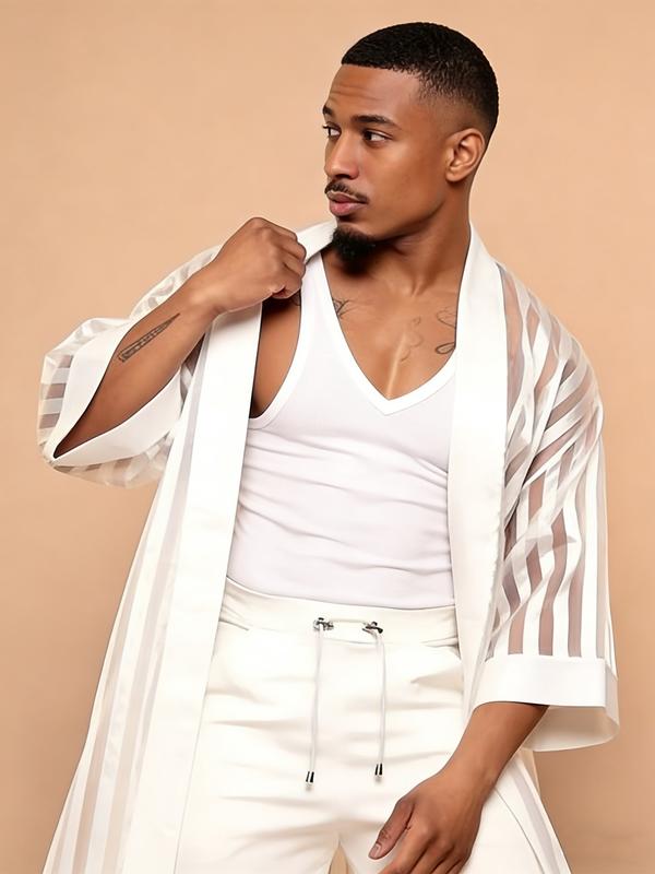 Men’s Sheer Striped Kimono Jacket – White Statement Layer for Nightwear & Fashion Styling