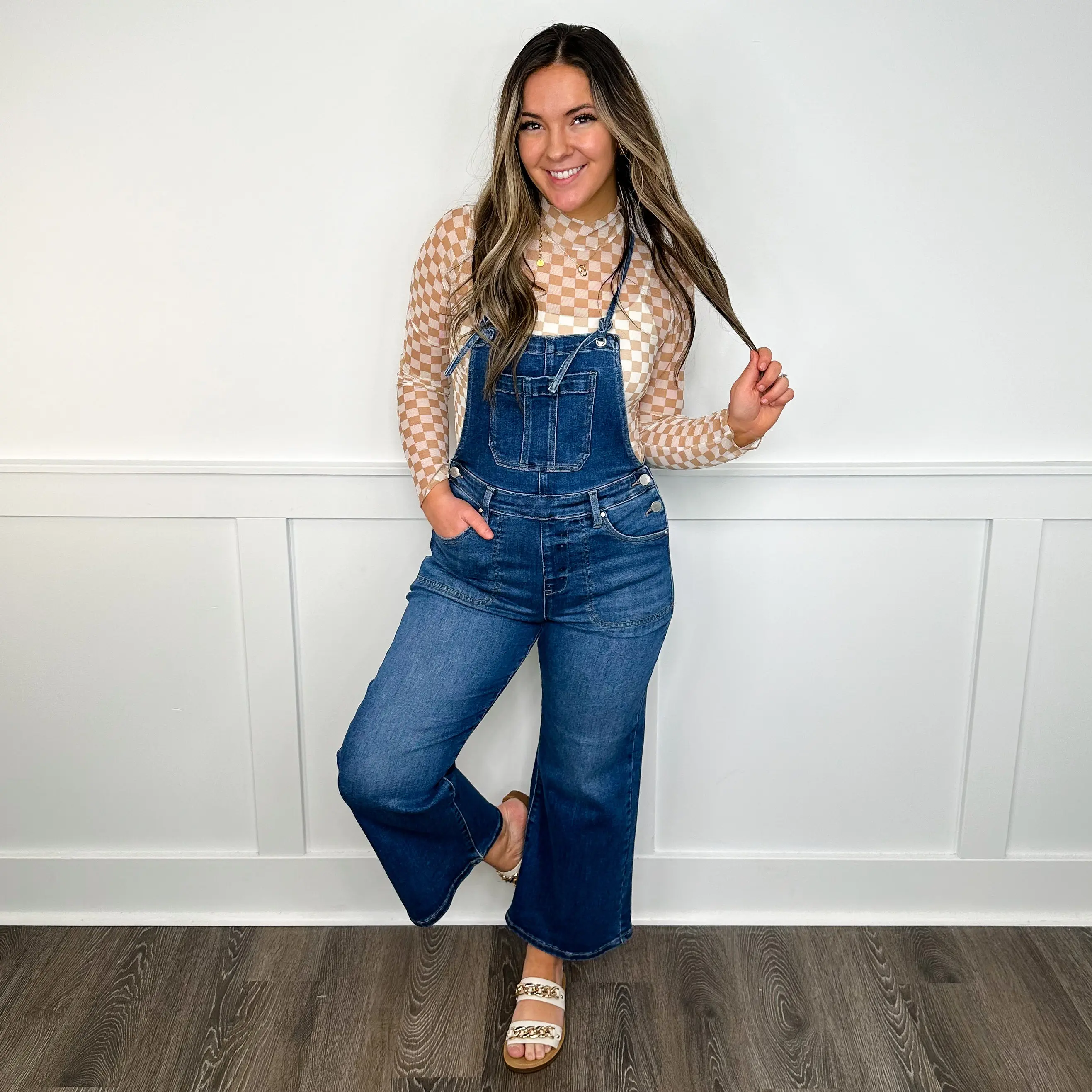 Women's Fashion Wide-Leg Straight Cropped Denim Overalls - Stretchy Dark Wash, Adjustable Tie Belt Straps, Cotton-Spandex Blend, Day Wear, Tube-Inspired Versatile Fit Top