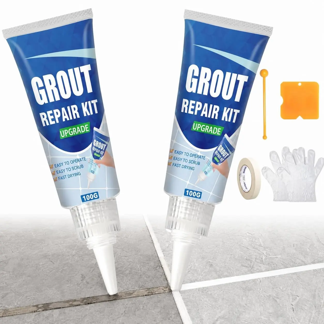 Tile Grout Repair Kit, 2 Pack Fast Drying Grout Filler for Bathroom, Kitchen, Shower, Versatile Triple Use with Grout Sealer, Replace Grout Pen for Restore and Renew Tile Joints Line(White)