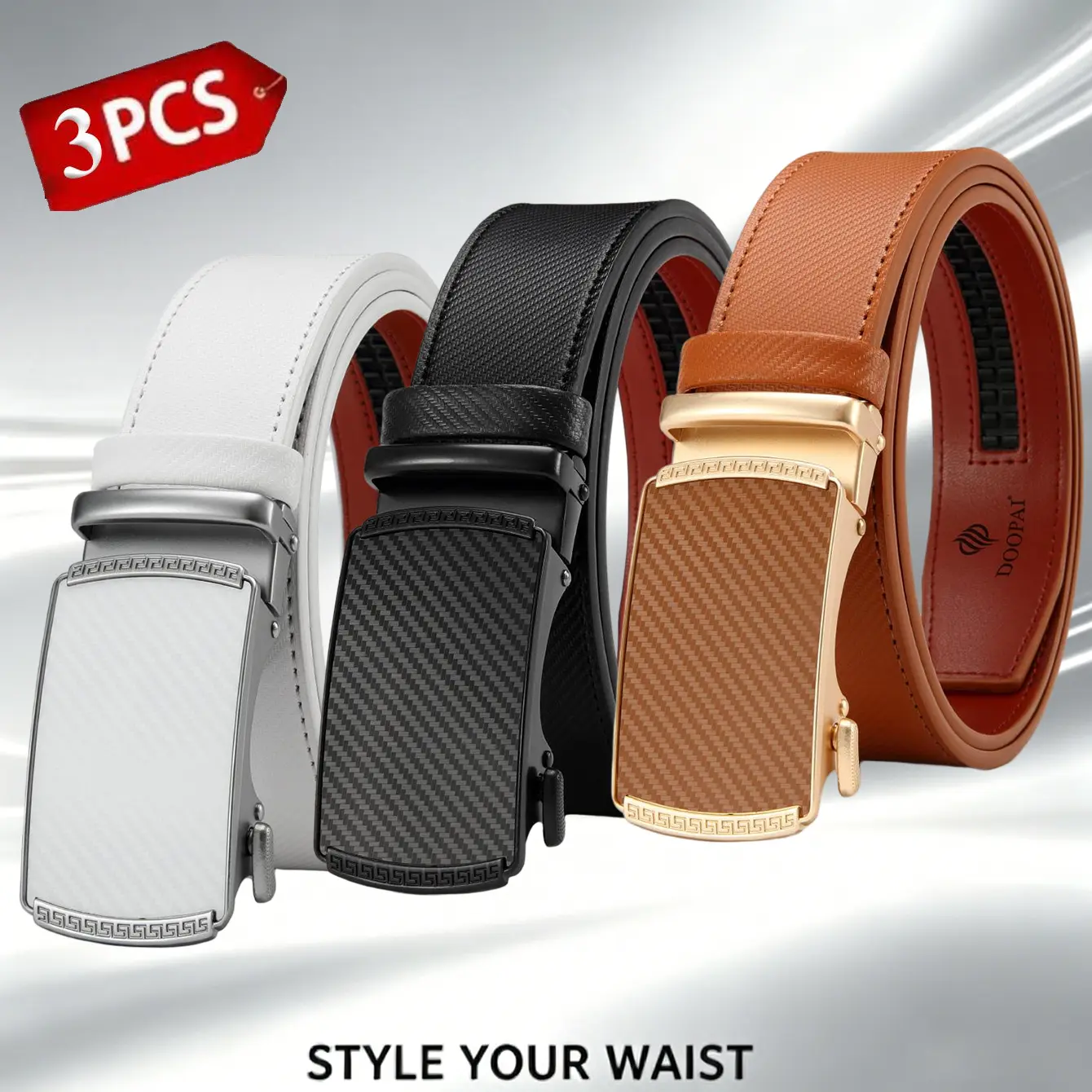 3-piece set Men’s ratchet belt, classic carbon fiber automatic buckle belts, business casual suit belts, men’s gift set Geometric Wavy Border