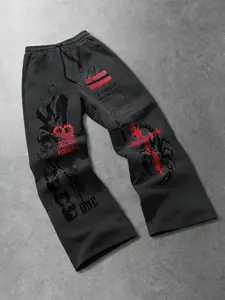 Unisex Comfortable Anime Print Wide Leg Sport Pants, Drawstring Waist, Soft Fabric, Casual Street Style, Perfect for Festivals and Athleisure Pants