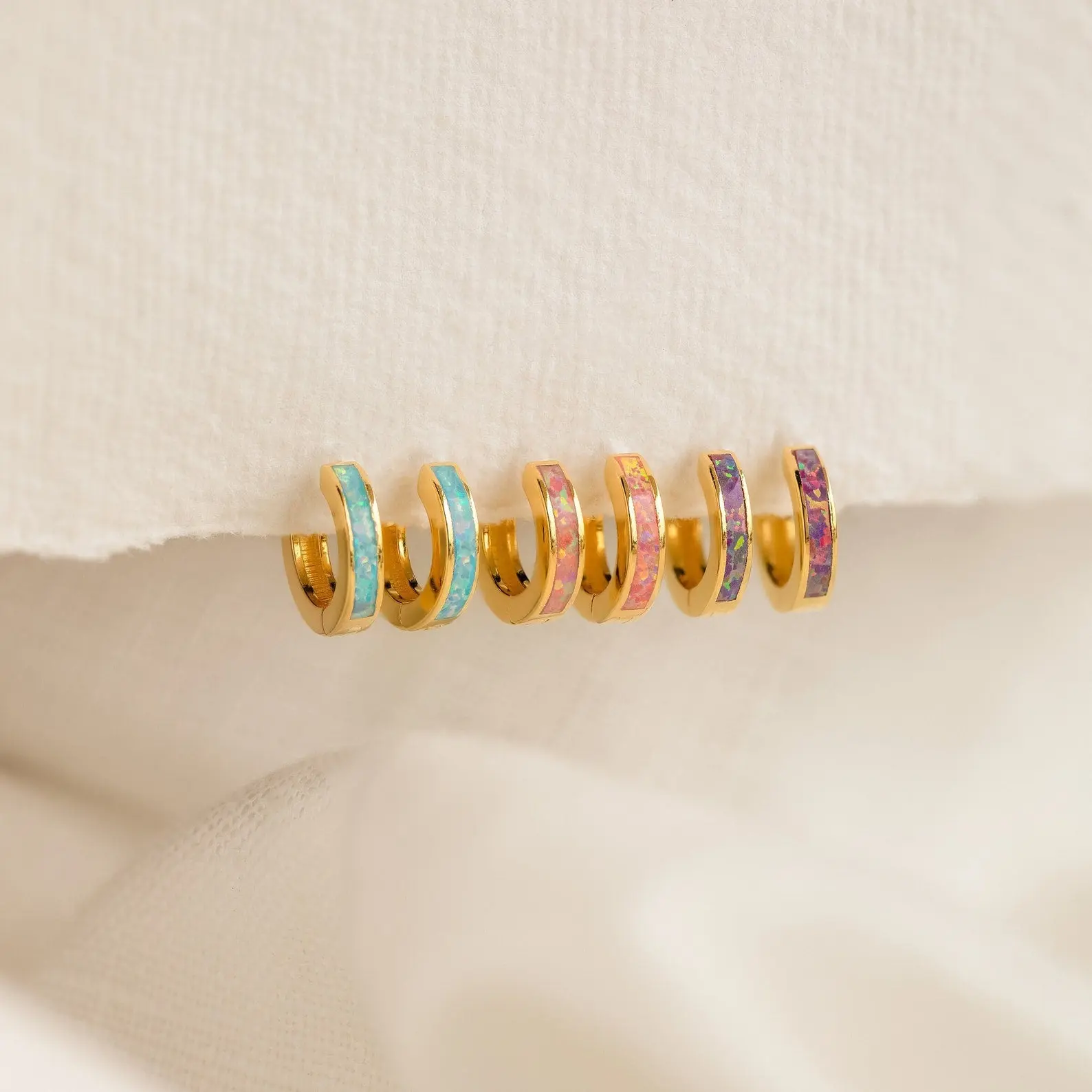 Pastel Opal Inlay Huggies by Caitlyn Minimalist