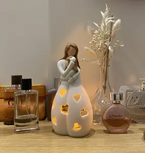 Hand-Painted Mother-Daughter Candle Holder Statue - Flickering Candle Included - Christmas, Mother's Day, Birthday