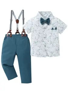 Toddler Boy Clothes Suit, Formal Dress Shirt with Bowtie+Suspender Pants Boy Bow Button Suit Set Gentleman Wedding Outfits 2-10 Years