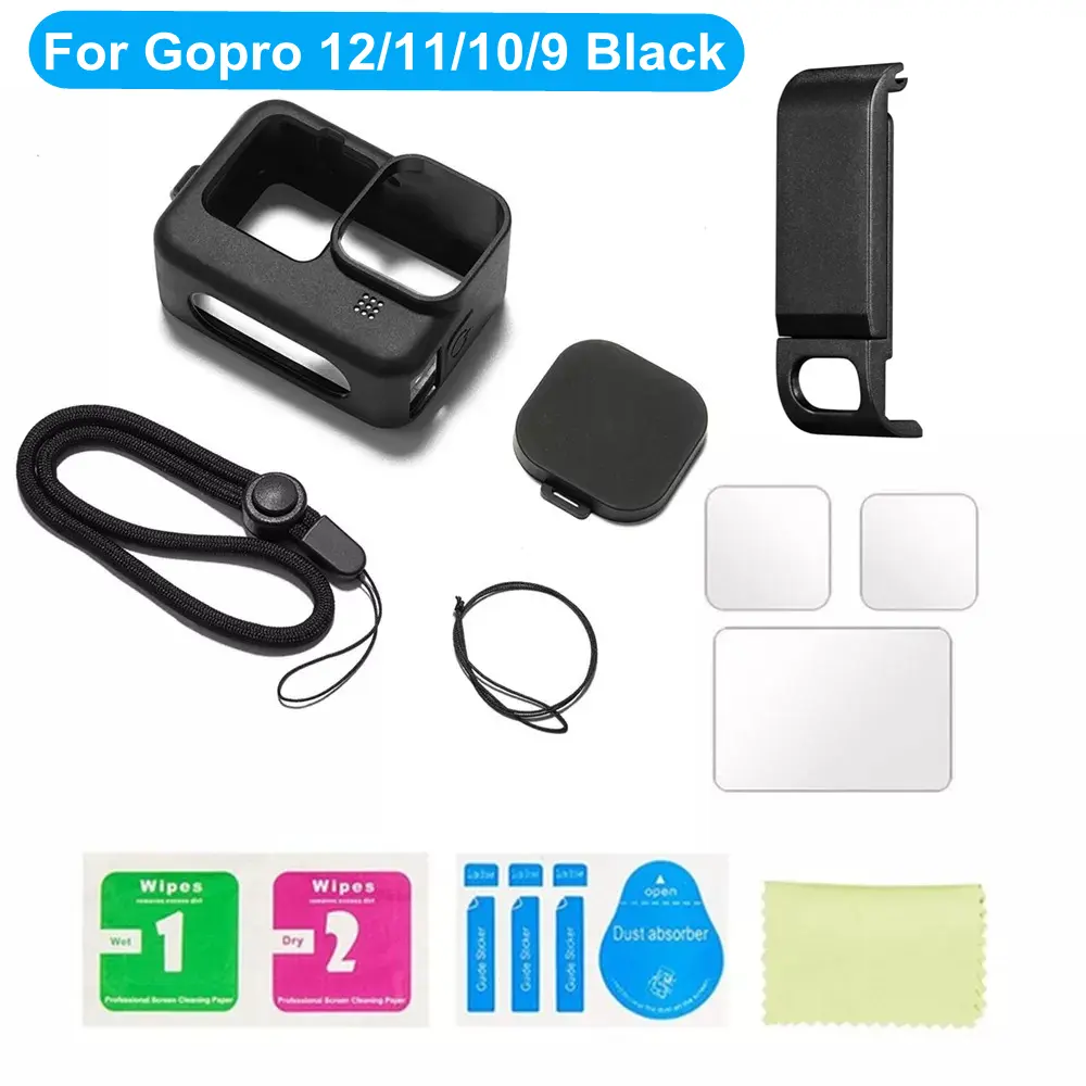 Silicone Case for GoPro Hero 12 11 10Black Tempered Glass Screen Protector Protective Film Lens Cap Cover for GoPro9 Accessories
