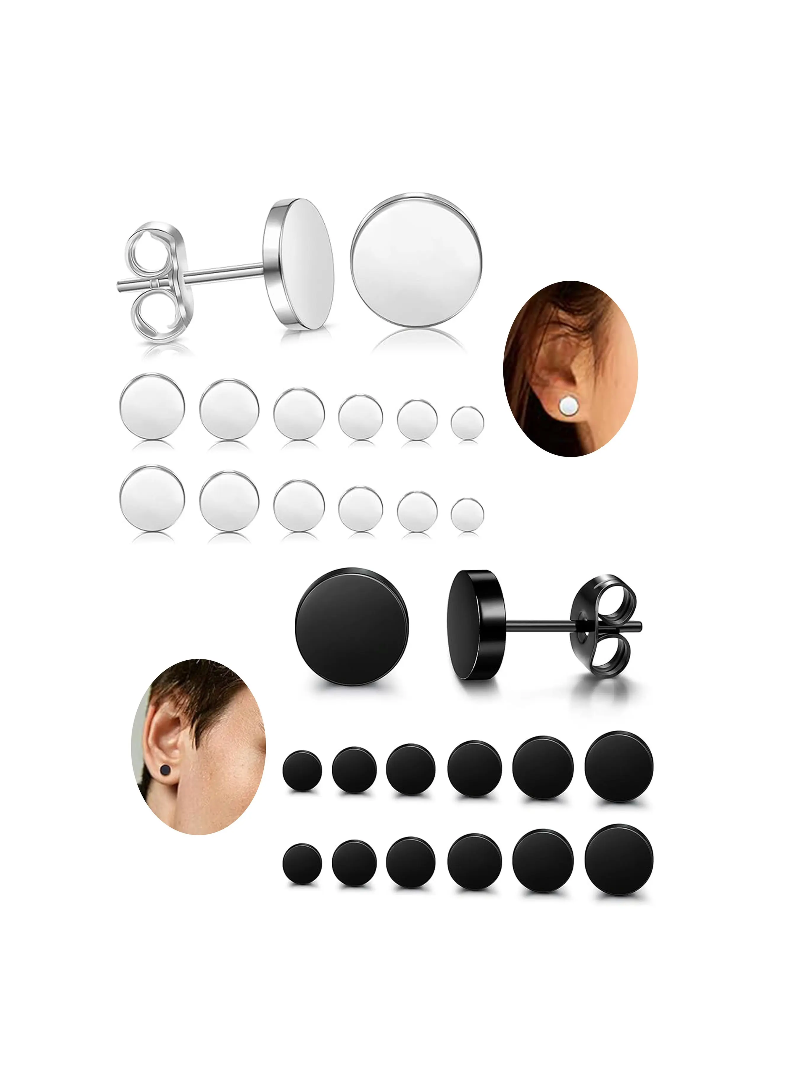 6Pairs Minimalist Stud Earrings for Women Men, Earrings Set, Stud Earring Sets, Elegant Minimalist Earrings, Hypoallergenic Surgical Steel Earrings, 3-8mm Black Round Design, Daily & Party Ear Piercing Jewelry, Perfect Gift, Ear Studs