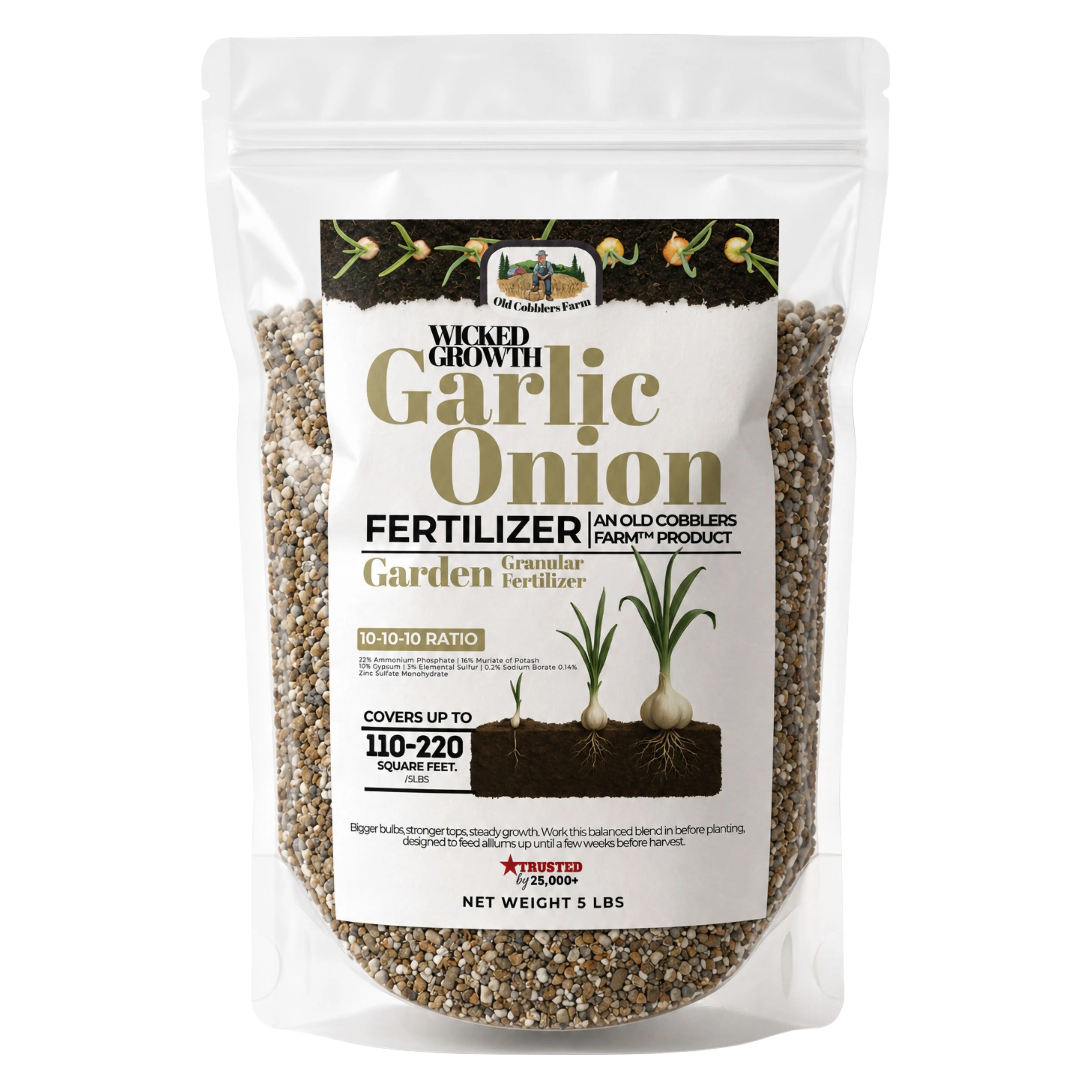 Old Cobblers Farm Wicked Growth Garlic and Onion Fertilizer with Sulfur, Calcium, Boron and Zinc, Granular Allium Plant Food for Garlic, Onions, Shallots, Leeks and Scallions, Bulb Feed for Firm Storing Bulbs