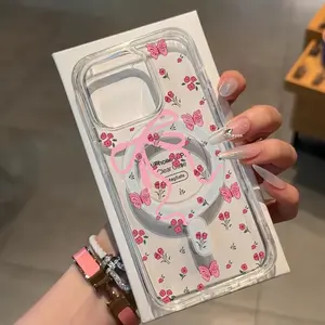 Pink Bow Ribbon Floral Skin Magnetic Phone Case Supports Wireless Charging  for iPhone 15 16 14 Pro Max 13 12 11 XR XS Plus Shockproof Non Slip Protection Silicone Transparent Acrylic Cover Cellphone Protective