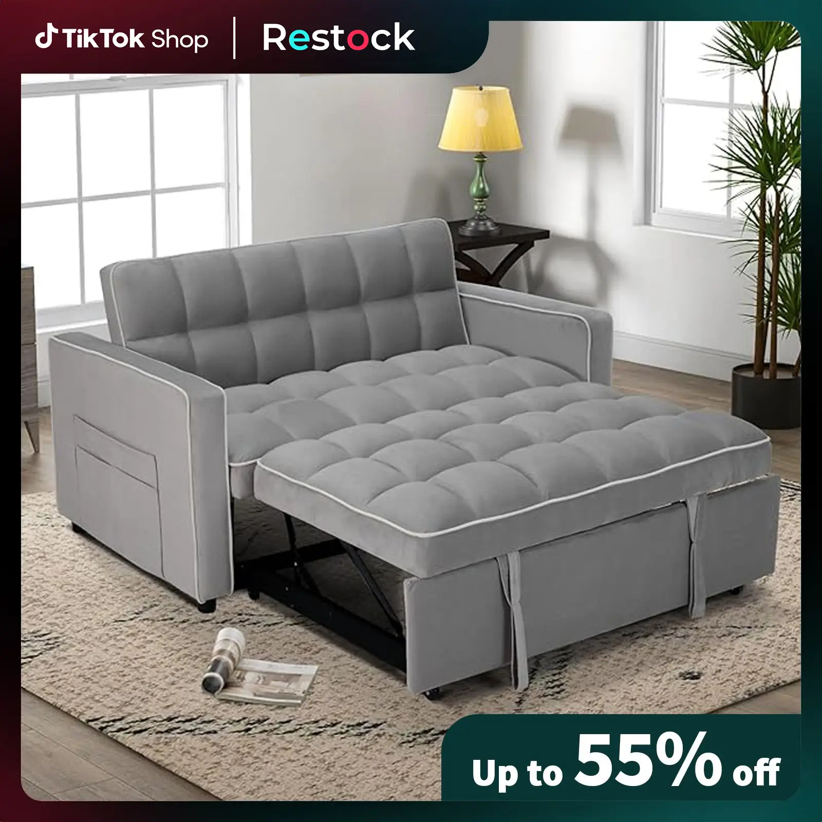 [Restock]EBELLO Velvet Convertible Pull Out Sofa Bed, 3-in-1 Loveseat Sleeper with Adjustable Backrest, Modern Futon Couch with 2 Pockets, Small Love