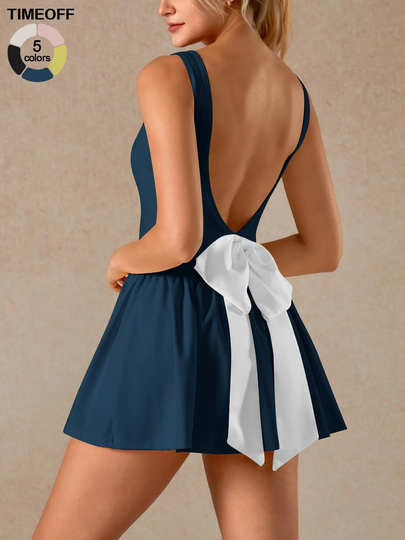 TIMEOFF Ladies' Soft Nude Skin Friendly Fabric Bow Sports Suspender Dress with Built-in Shorts Simple Deep V-back Design Suspender Skirt Pants Fashion