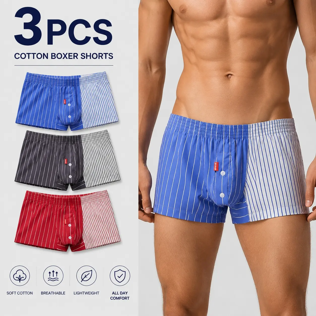 SEOBEAN Men's 1/3-Pack 100% Pure Cotton Loose-Fit Breathable Boxer Shorts - Elastic, Striped Pattern, for Basketball, Fitness, Casual Wear, Summer Use