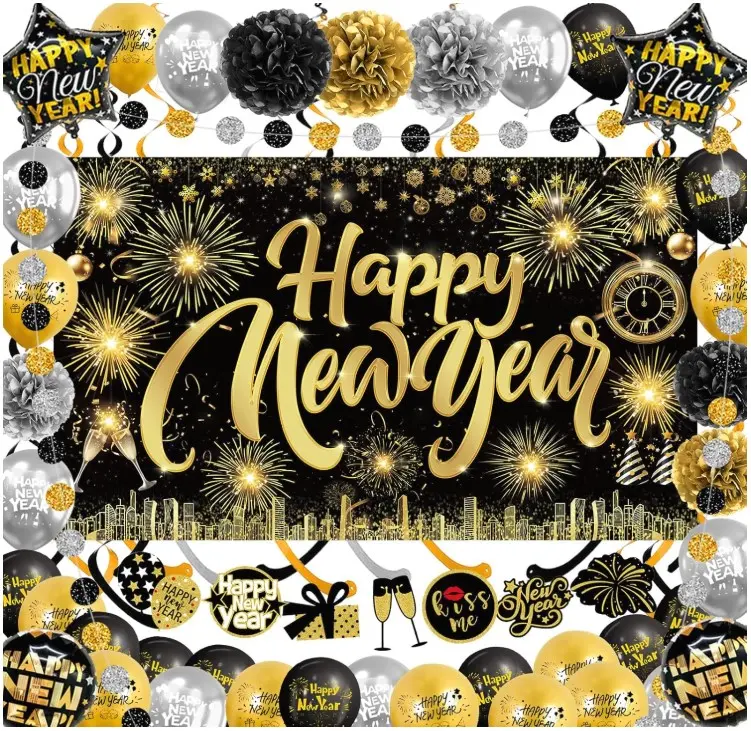 Happy New Year Backdrop with Shiny Firework Background Circle Paper Banner Pom poms Foil Balloons & Swirls for New Year Photo Booth Background Party Decorations