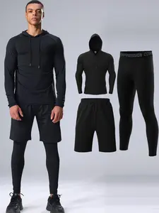Men's Solid Long Sleeve Hoodie & Letter Tape Leggings & Shorts Tracksuit Set, Casual Breathable Comfortable Sports Clothing Set for Gym Workout Running, Men's Sportswear Set for All Seasons, Workout Running Clothes
