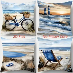 4pcs, Coastal Beach Style Themed Throw Pillow Covers, Bicycle and Lighthouse Pattern Design, Summer Beach Decoration, Suitable Living Room, Bedroom, Sofa and Bed Decoration, 2D Flat, Single Sided Printing, No Pillow Core