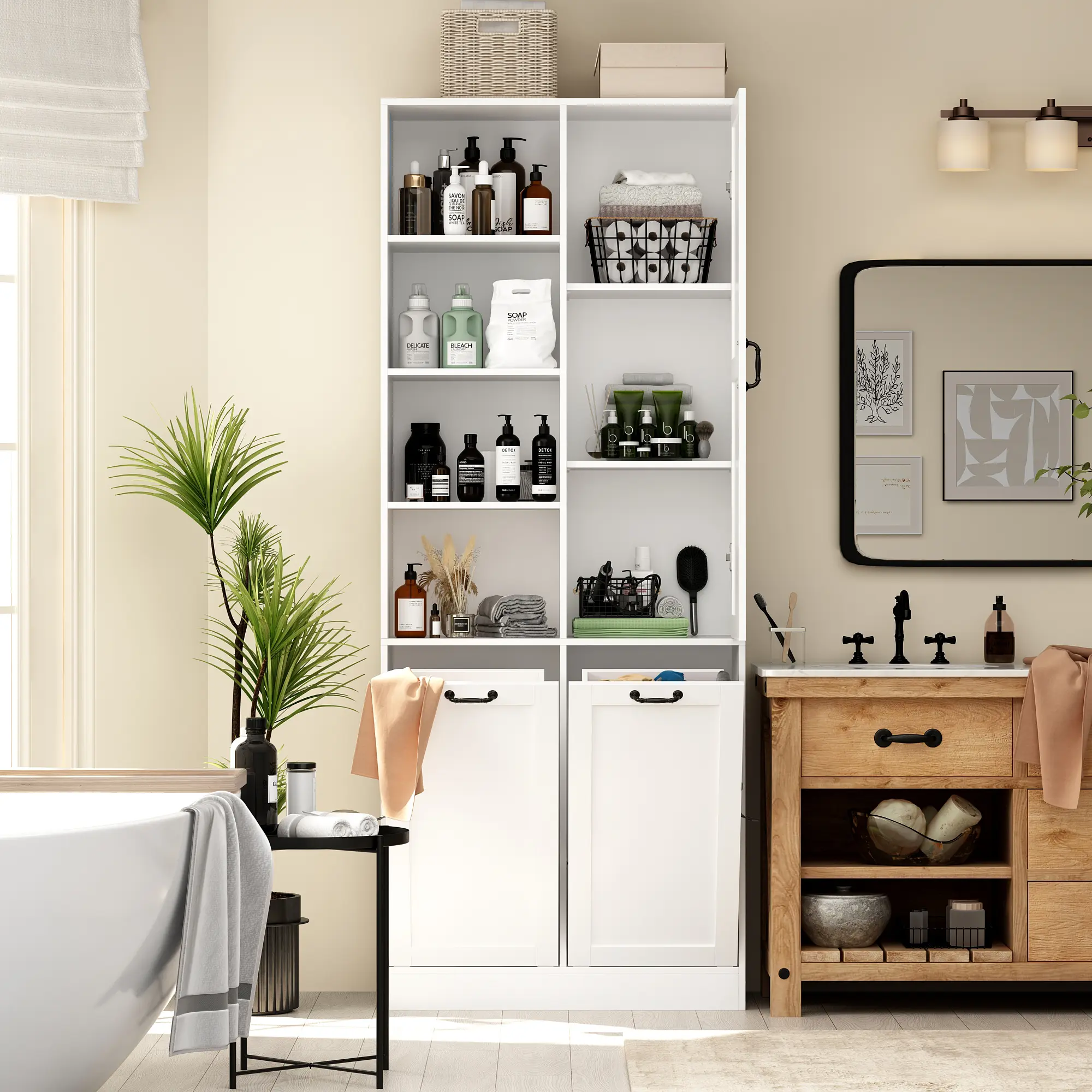 FUFU&GAGA  Storage Cabinet with Laundry Hamper Tilt Out Laundry Basket, Display Cabinet with Adjustable Shelves & Double Tilt Out Trash Cabinets (15 Gallon each) for Bathroom Living Room Kitchen Furniture Organizer