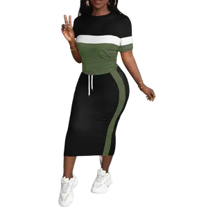 AUXDIO Women’s color-block two-piece set: short-sleeve T-shirt + high-waisted drawstring midi skirt. Summer slim-fit bodycon outfit for casual wear at home and outings; vacation fashion street-style trendy set.