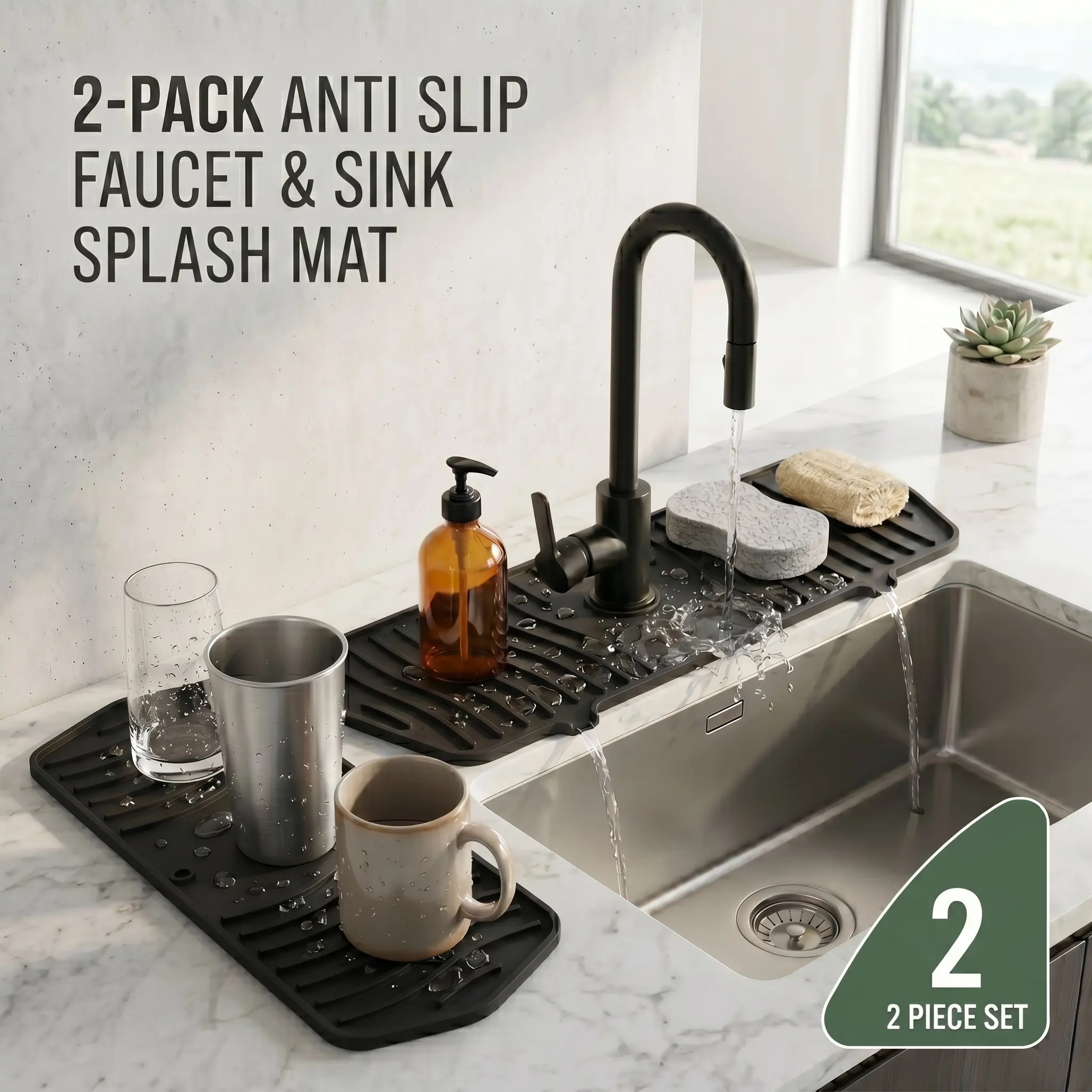 2-Pack Round Silicone Faucet Mat Sink Splash Guard - Anti-Slip, Dual Spouts, Wall-Mounted Compatible, Water Drip Catcher, Flexible Wave Pattern Drying Pad for Kitchen, Bathroom, RV Countertop Protection