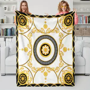 High-Luxury Gold-Patterned Greek Key Flannel Blanket, Black And Gold Contrasting Design, Skin-Friendly, Breathable, Lint-Free, Suitable For All Scenarios Like Bedroom And Living Room, Combines Sofa Decoration With Practicality, Collectible-Level Gift.
