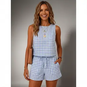 Women’s Gingham Ribbed Two Piece Set - Cropped Tank & Shorts Matching Outfit - Casual Summer Beach Vacation Pajamas #SpringSummer