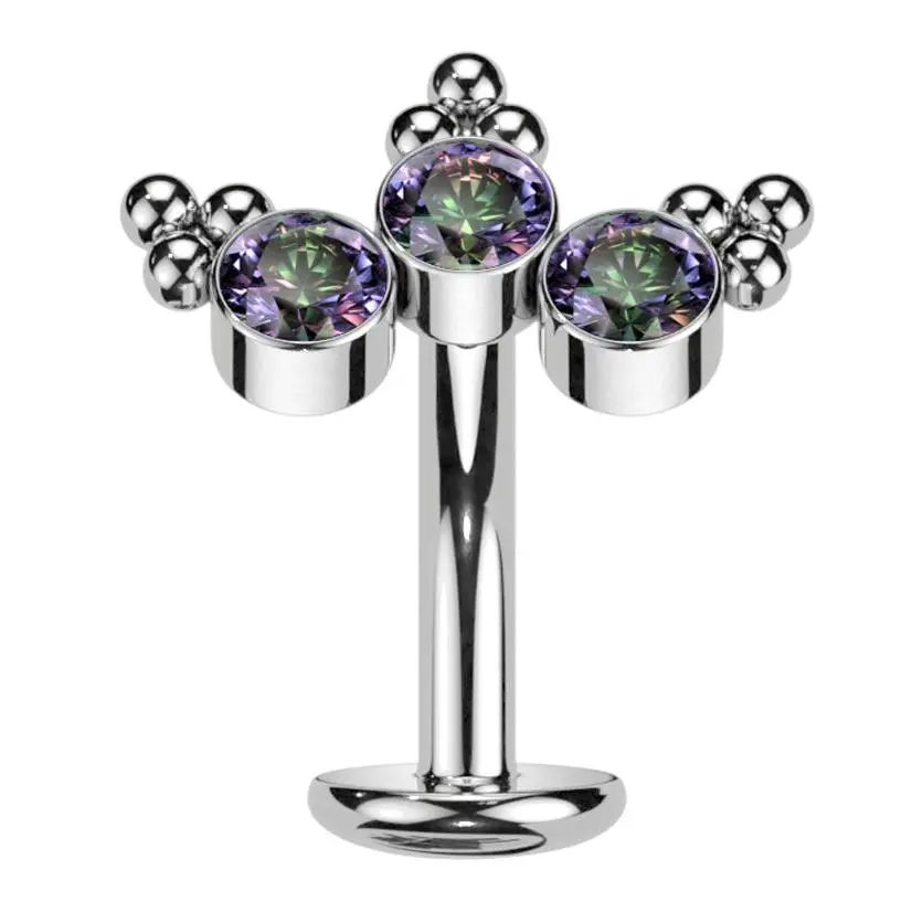 Triple Beaded Black Aurora CZ Titanium Threadless Floating Belly Button Ring (Convex Disk)