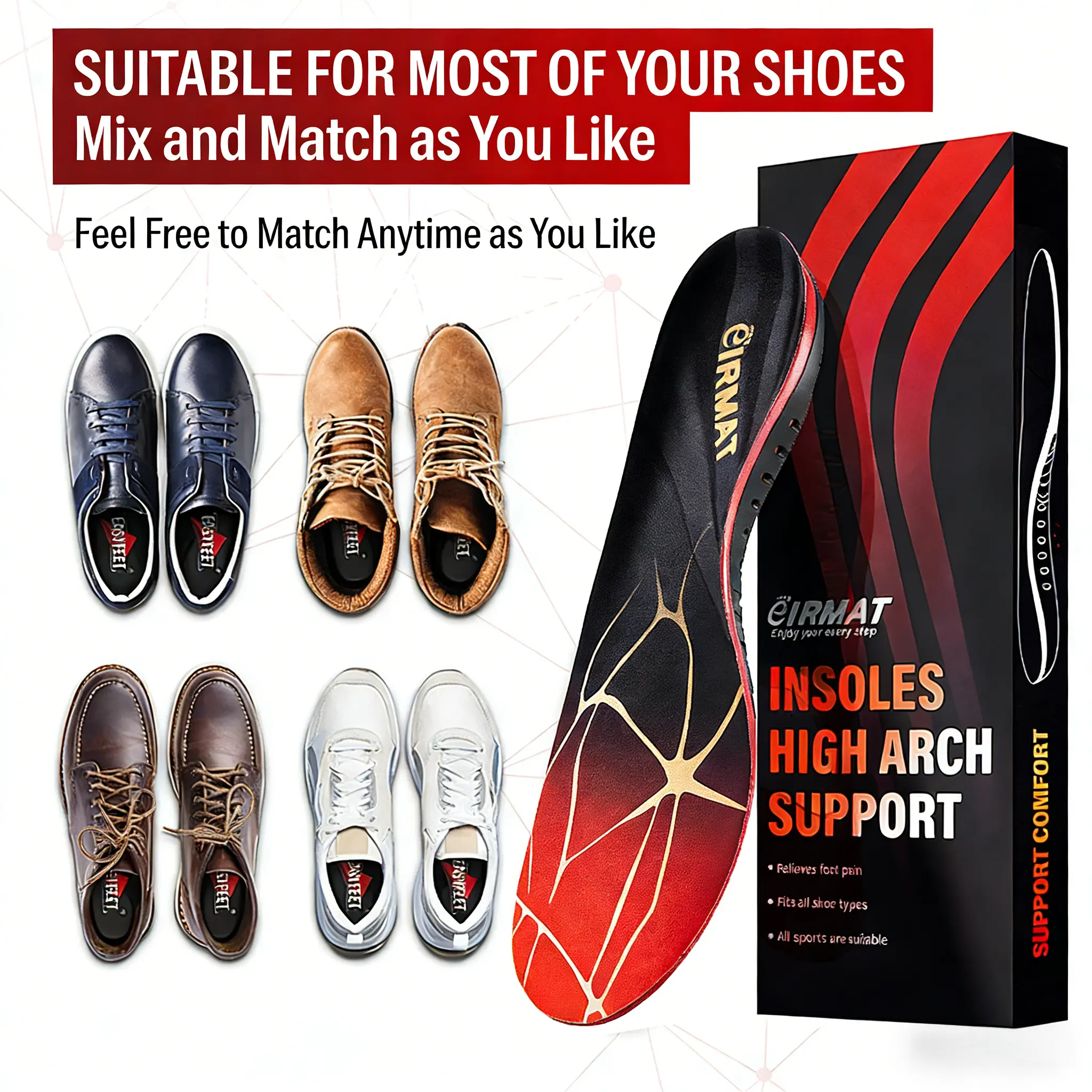 High Arch Support Sports Insoles - Arch Support Inserts for Men ...