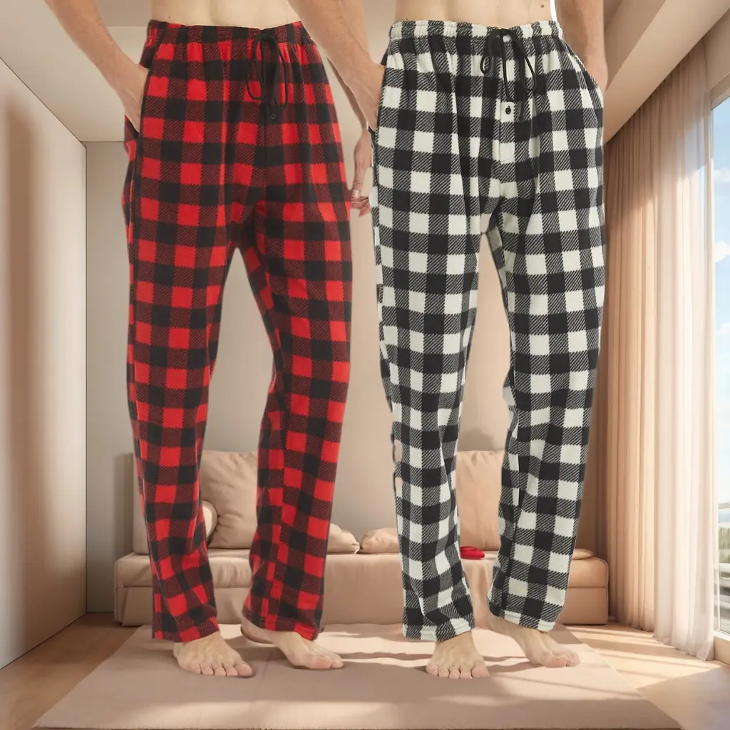 2 Pack Plaid Christmas Pajama Pants with Pockets Men's Fleece Classic Pajama Pants Lounge Sleepwear Soft Elastic Waist Loose Fabric Loungewear Menswear Blue Red