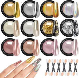 Gold Silver Chrome Nail Powder, Colors Iridescent Holographic Unicorn Chrome Powder for Nails, Metallic Mirror Effect Rose Gold Champagne Nail Powder Pigment Glitter Foils Flakes Nail Art