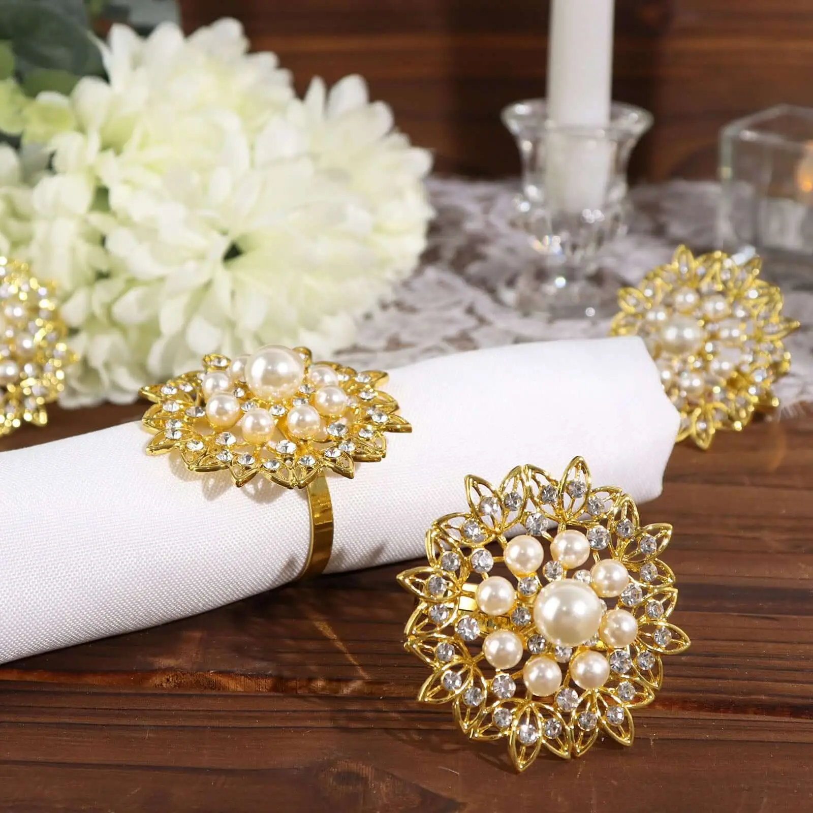4-Pack Gold Metal Napkin Rings - Pearl, Diamond Rhinestone Flower Design - Decorative Napkin Holders for Home, Weddings, Festive & Party Supplies