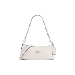 COACH Charlotte 25 Silver Logo Chain Grain Leather Underarm Tote Crossbody Shoulder Bag for Women in White