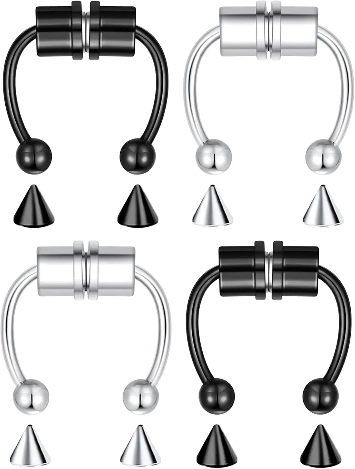 Unisex 4Pcs Halloween Clip-On Nose & Septum Ring Set - Faux Hoops, Cuffs, Fashion Body Piercing Costume Jewelry