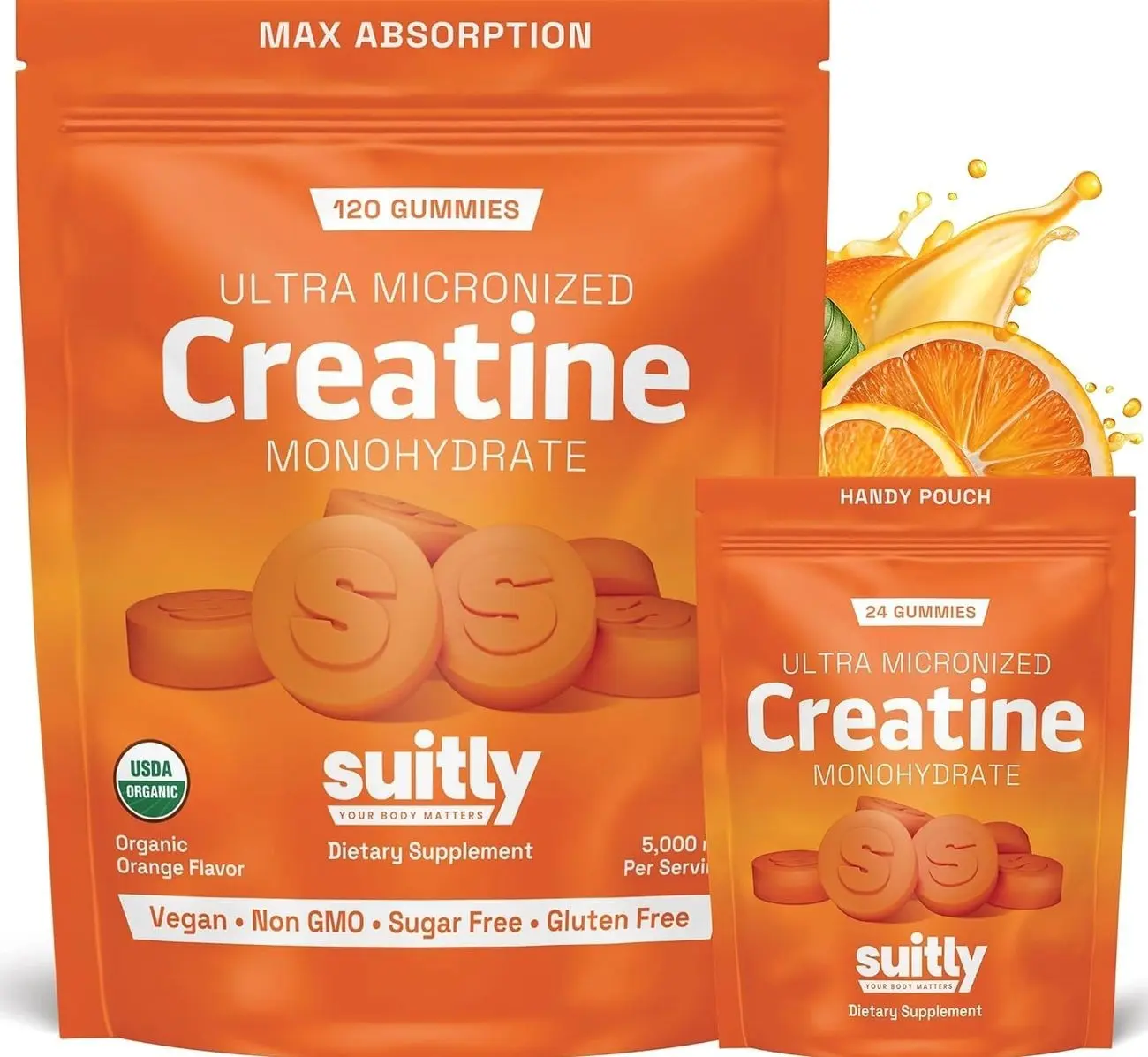 USDA Organic Ultra-Micronized Creatine Gummies for Men & Women; Orange Max Absorption 5g Creatine Gummies Sugar Free for Muscle Gain, Energy & Recovery; Muscle Builder for Women with Pouch - 120 Count