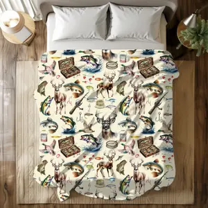 Printed In The Usa Comfortable Vintage Hunting And Fishing Blanket With Countryside Cottage Design, Perfect For Young People And Outdoor Adventures, Camping Decor Featuring Patterns Of Perch, Deer, Duck, And Catfish