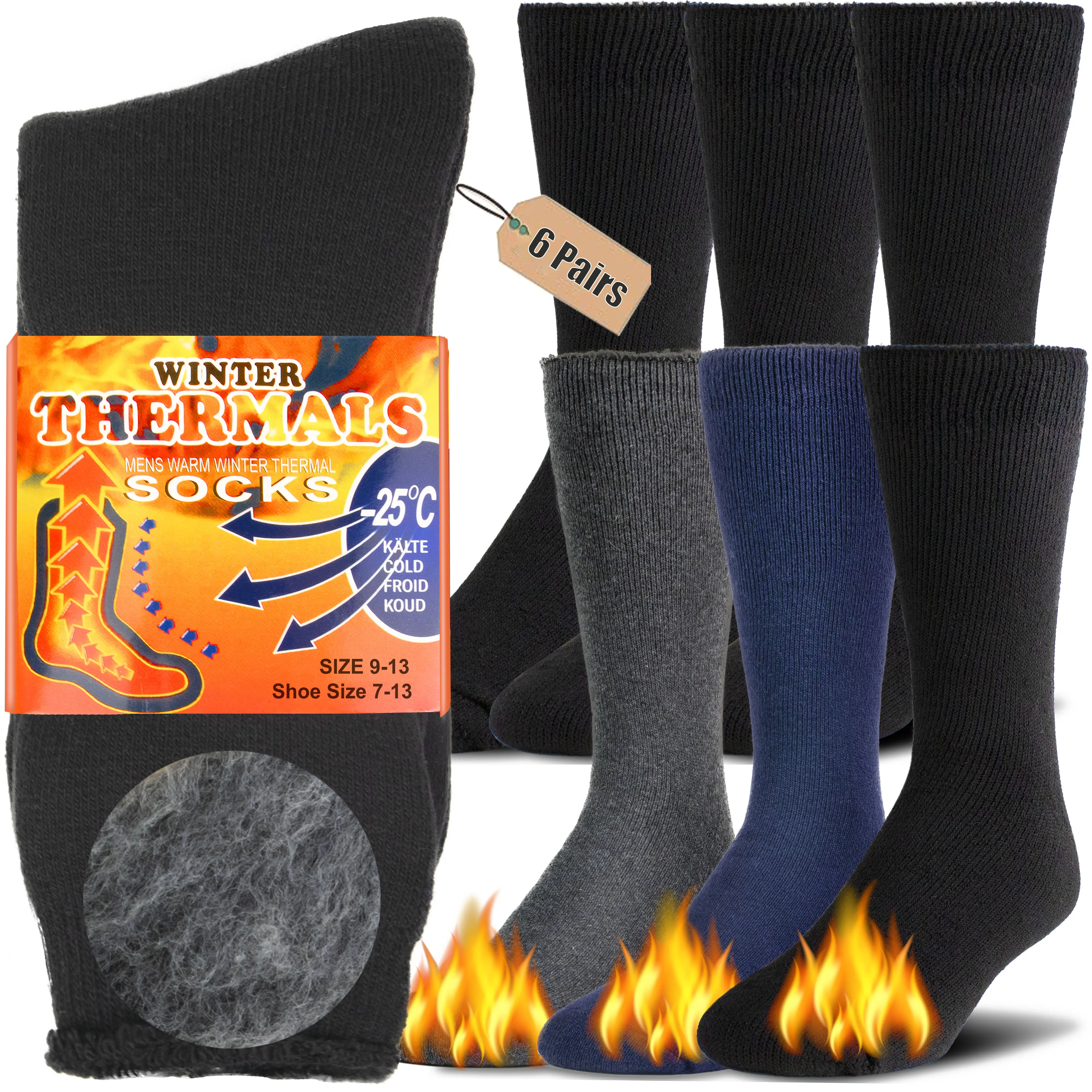 Men's Thermal Athletic Crew Socks - 3/6 Pairs for Cold Weather Outdoor Work, Hiking - Menswear & Underwear, Athletic Socks, Sports Socks