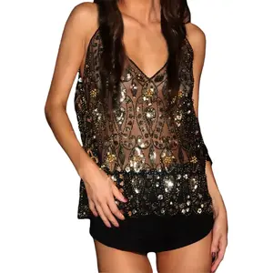 Women’s sequined vest, thin shoulder straps, V-neck vest, street-style vest, women’s clothing
