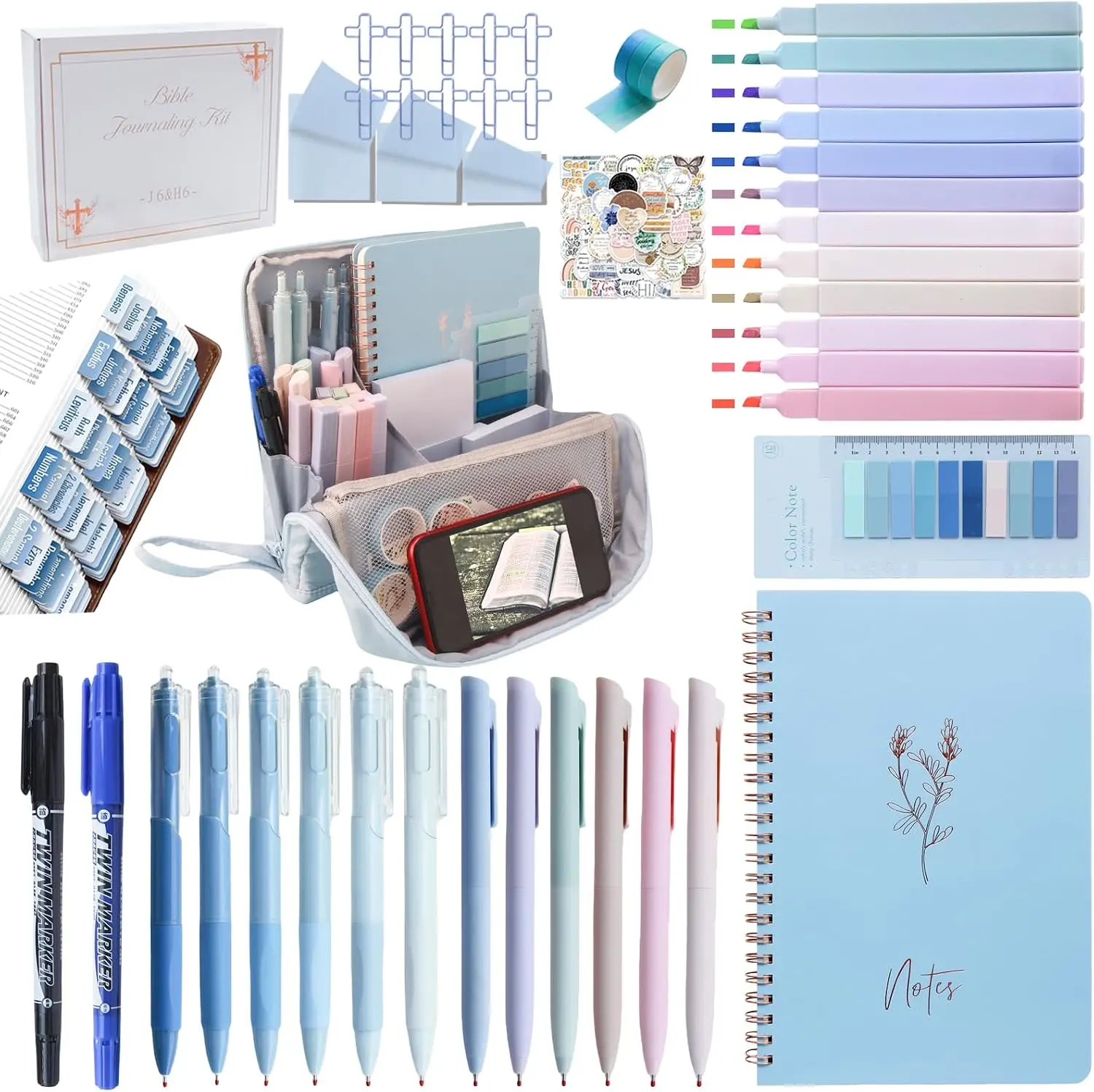 Fall Halloween Gift  170Pcs Complete Bible Study Supplies, Bible Journaling Kit, Foldable Pencil Case with 75 Tabs,12 Pastel Bible Highlighters More Bible Accessories Set for Women, Beginner Christian Gifts (Blue)
