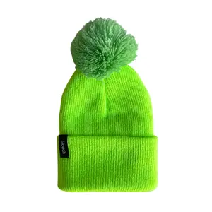 Lime Knit Cuff Beanie w/ Green Pom