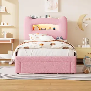 GAOMON Twin Upholstered Bed Frame with 2-Tier Storage Headboard and Charging Station, Velvet Platform Bed with Drawer and RGB LED Lights for Kids, No Box Spring Needed, Easy Assembly, Pink