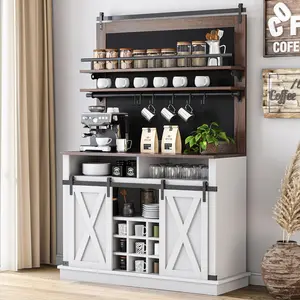 75" Tall Coffee Hutch Cabinet Large Kitchens Storage Pantry Cabinets White Coffee Bar Cabinet Cupboard with Sliding Barn Door (White Oak)