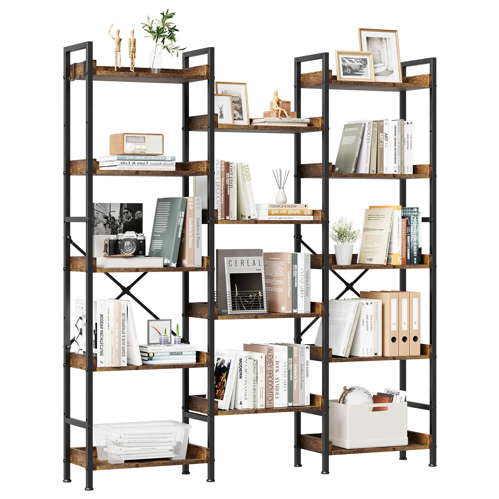 Spacious 5-Tier Industrial Bookshelf - Wide Wooden Bookcase with 14 Open Shelves - Sturdy Metal Frame, Tall Storage Rack for Living Room, Bedroom, Home Office