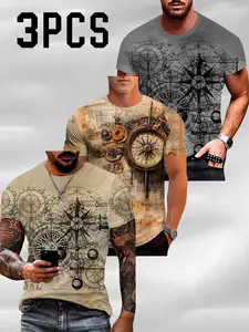 3-Pack Men's Summer Casual Short Sleeves Top, Vintage Nautical Compass Mechanical Style All-Over Print, Breathable Fashion Tees, Streetwear, Menswear
