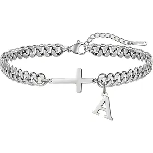 Cross Beaded Bracelets for Men Initial A - Z Faith Cross Bracelets, Stainless Steel Fashion Initial Charm Chain Bracelet Religious Jewelry Gift for Men