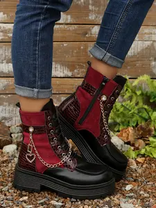 2026 Retro Wine Thick Sole Short Boots, Crocodile Texture Patchwork Chain Boots, Punk Style Height-Boosting Boots