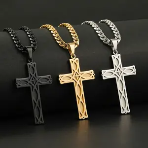 Stainless Steel Celtic Cross Necklace for Men Waterproof Cross Pendant Necklace for Boys Mens Necklace with Cuban Chian 16-26 Inch