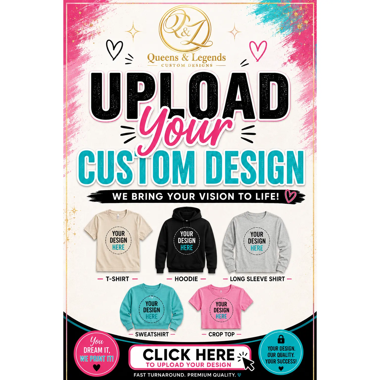 Custom Designs T-Shirt, Long Sleeves, Crop Tops, Hoodies, Sweatshirts
