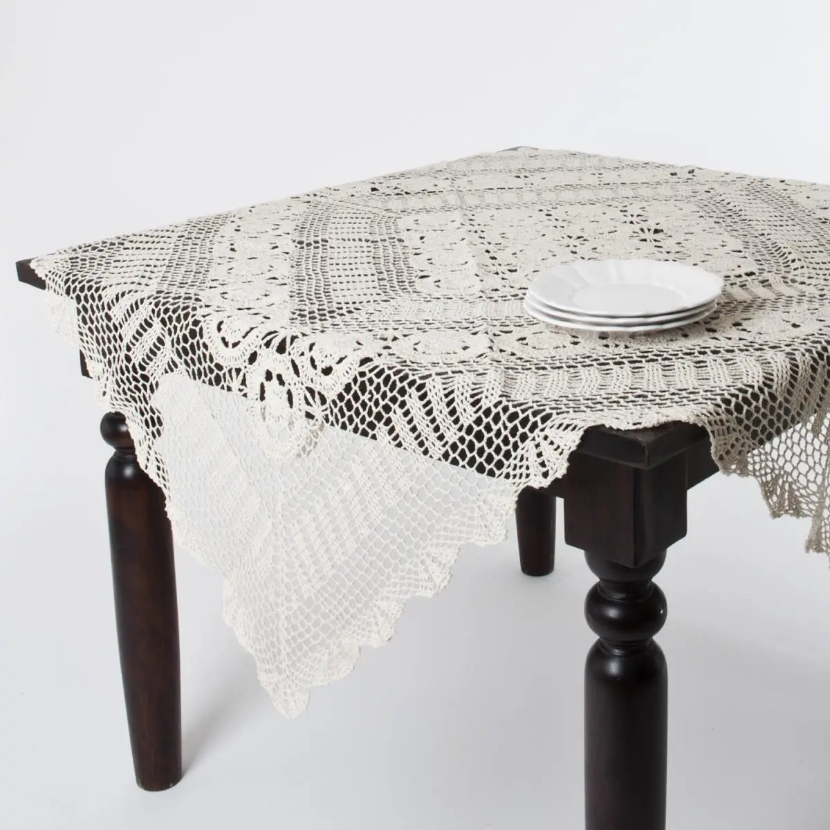 SARO 869.E36S 36 in. Square Shape Handmade Crochet Cotton Lace Table Linens - Ecru, Crocheted Weave, Home Kitchen Textiles