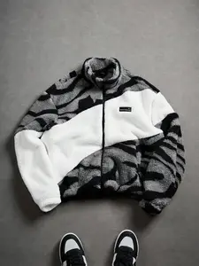 Unisex Casual Colorblock Jacket, Zipper Top Sweater, Loose Fit, Pattern Design, Fashionable Outerwear for Men and Women
