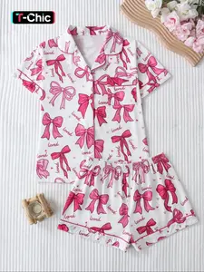 Women's Sleepwear Pajama Set, Pjs, Fitted, Loved & Bowknot Printed Top, Collar Button Short Sleeve, Comfortable Elastic Shorts, Elegant Home Wear, Loungewear, Womenswear