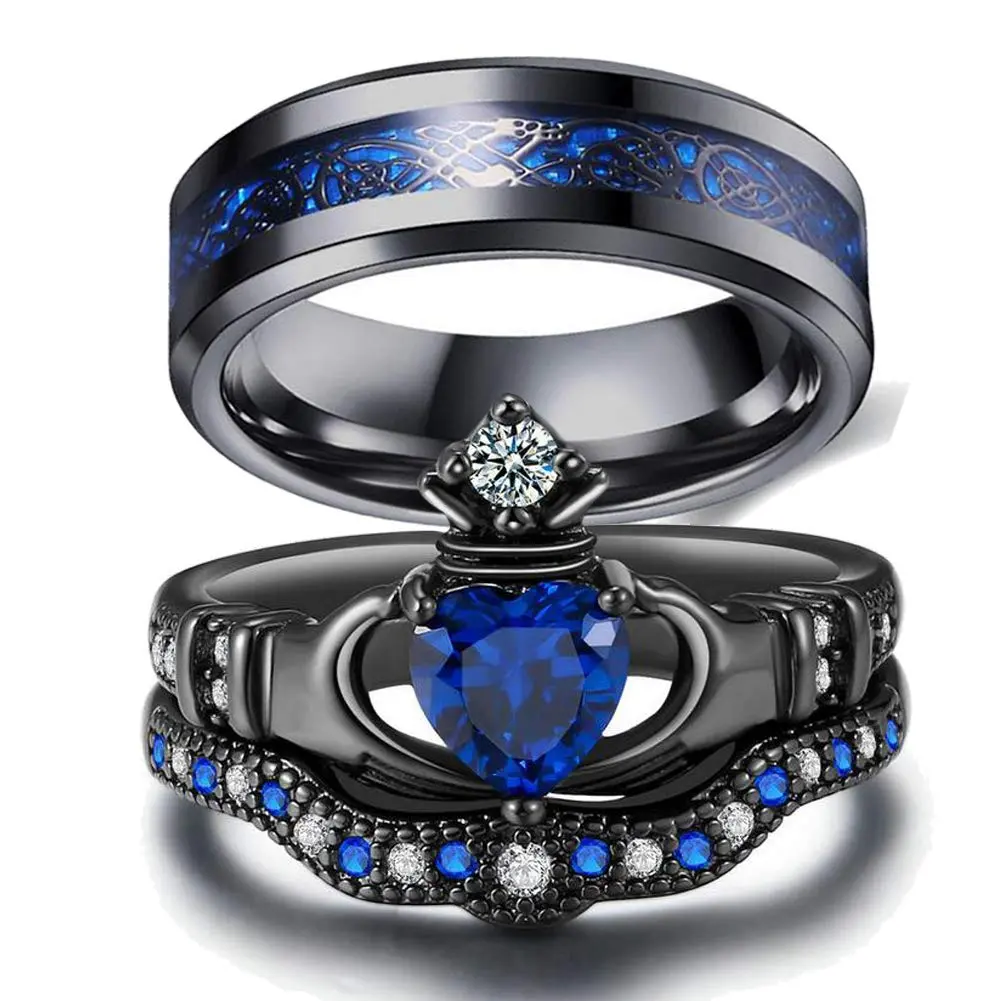 Ringcrown Couple Ring Bridal Set His Hers Blue Claddagh Ring Heart CZ Stacking Irish Ring Titanium Steel Wedding Ring Sets