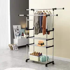 Extendable Garment Hanging Rack Clothing Hanging Rail Pillow Shoe Display Organizer with Rolling Wheels Hold up to 77LBS