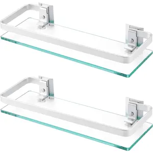Floating Tempered Glass Shelves for Bathroom, 14 Inch Extra Thick Aluminum 2 Pack Rectangular Storage Organizer Wall Mount Silver